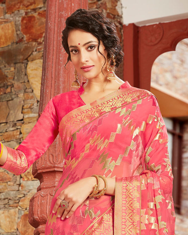Vishal Prints Coral Pink Brasso Saree With Foil Print And Jari Border