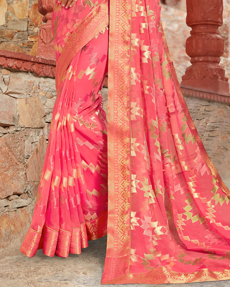 Vishal Prints Coral Pink Brasso Saree With Foil Print And Jari Border