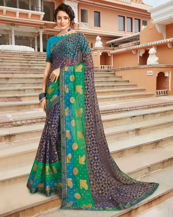 Vishal Prints Navy Blue Brasso Saree With Foil Print And Jari Border