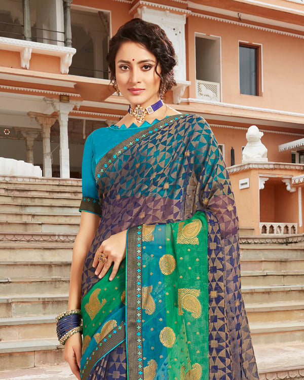 Vishal Prints Navy Blue Brasso Saree With Foil Print And Jari Border