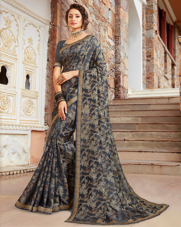 Vishal Prints Dark Grey Brasso Saree With Foil Print And Jari Border