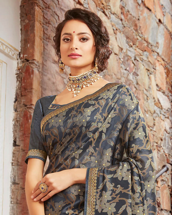 Vishal Prints Dark Grey Brasso Saree With Foil Print And Jari Border
