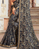 Vishal Prints Dark Grey Brasso Saree With Foil Print And Jari Border