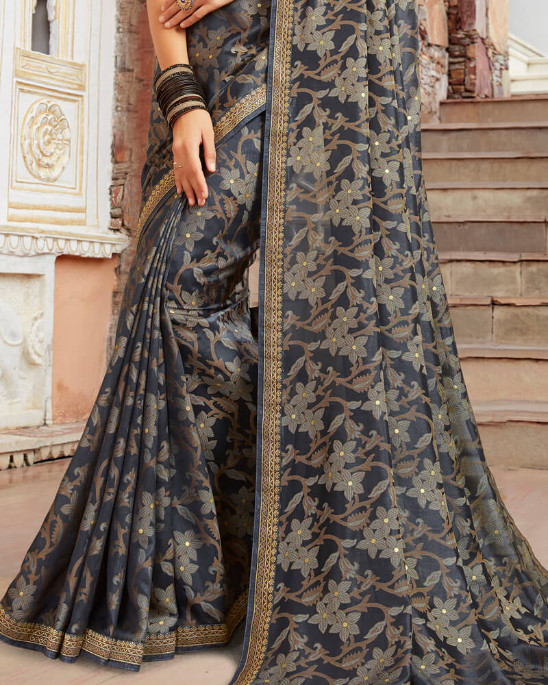 Vishal Prints Dark Grey Brasso Saree With Foil Print And Jari Border
