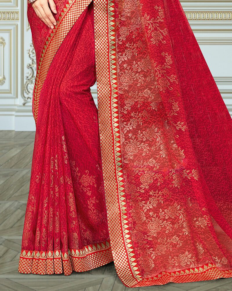 Vishal Prints Red Georgette Saree With Foil Print And Jari Border