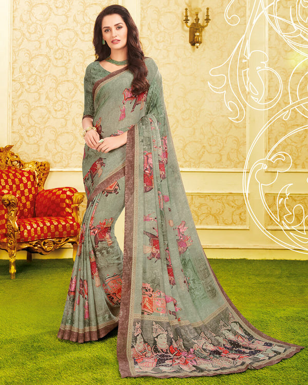 Vishal Prints Sage Green Digital Print Crepe Saree