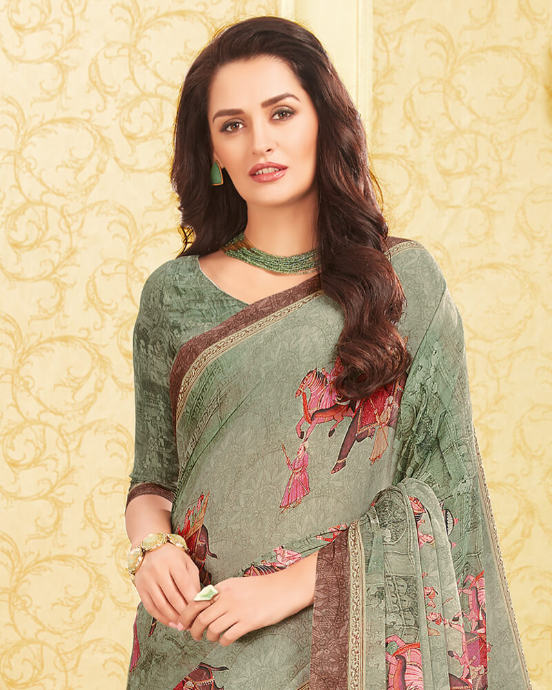 Vishal Prints Sage Green Digital Print Crepe Saree