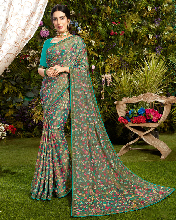 Vishal Prints Olive Green Printed Crepe Saree With Piping