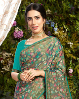 Vishal Prints Olive Green Printed Crepe Saree With With Piping
