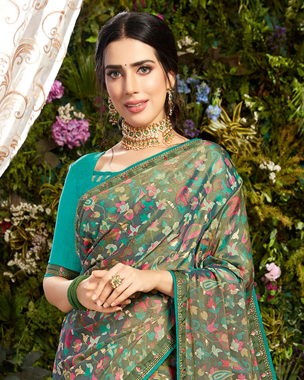 Vishal Prints Olive Green Printed Crepe Saree With Piping