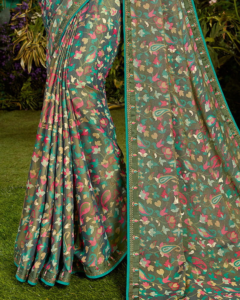 Vishal Prints Olive Green Printed Crepe Saree With With Piping