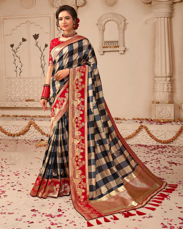 Vishal Prints Dark Grey Art Silk Saree With Foil Print And Weaving