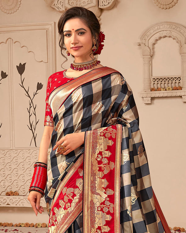 Vishal Prints Dark Grey Art Silk Saree With Foil Print And Weaving