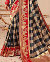 Vishal Prints Dark Grey Art Silk Saree With Foil Print And Weaving