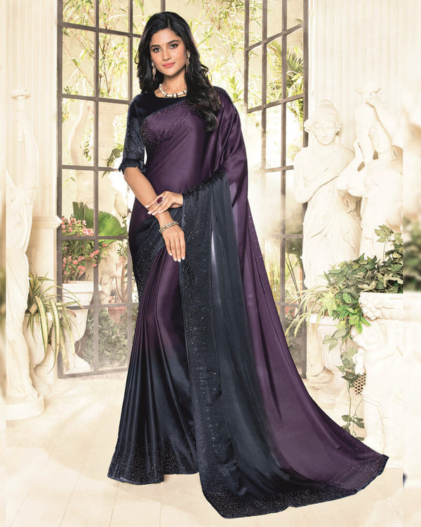 Vishal Prints Purple Satin Saree With Stone Work