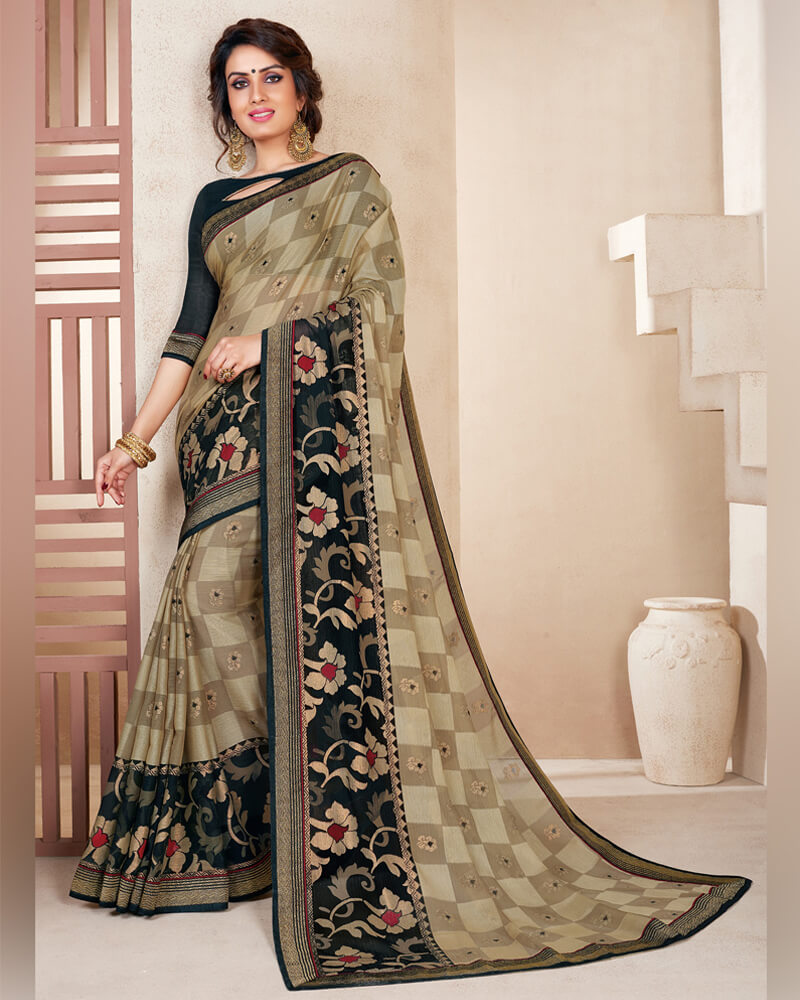 Vishal Prints Beige Brasso Saree With Foil Print And Jari Border