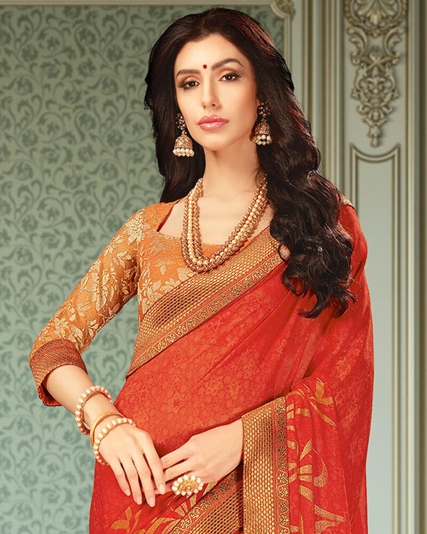 Vishal Prints Red Georgette Saree With Foil Print And Jari Border