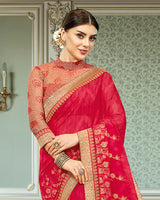 Vishal Prints Cherry Red Georgette Saree With Foil Print And Jari Border