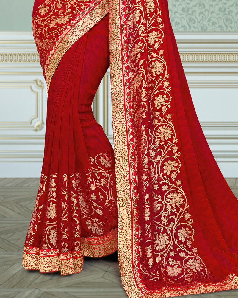 Vishal Prints Red Georgette Saree With Foil Print And Jari Border