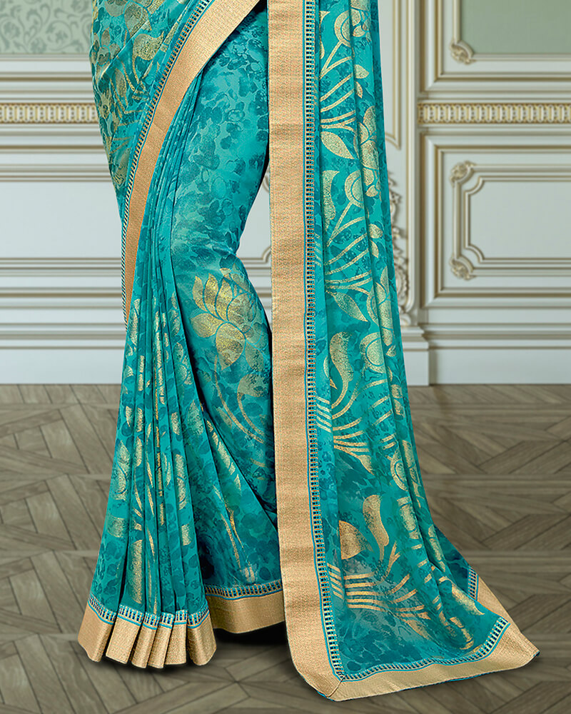 Vishal Prints Teal Blue Georgette Saree With Foil Print And Jari Border