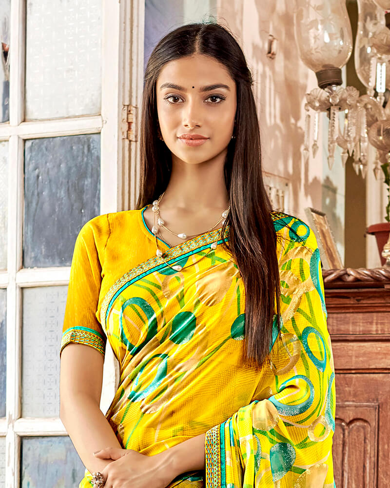 Vishal Prints Dark Yellow Printed Georgette Saree With Jari Piping