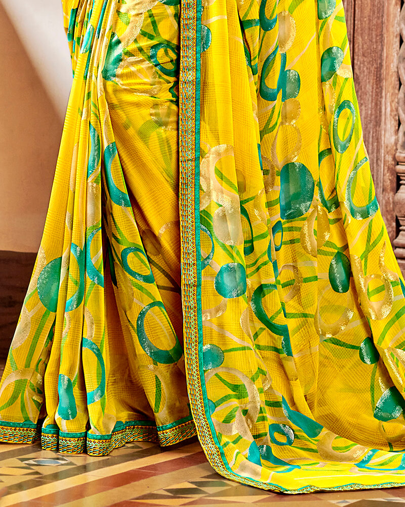 Vishal Prints Dark Yellow Printed Georgette Saree With Jari Piping