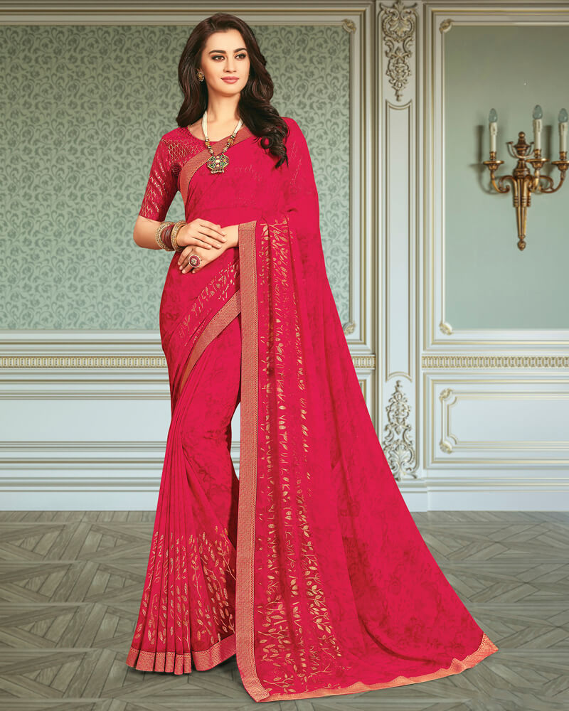 Vishal Prints Dark Pink Georgette Saree With Foil Print And Jari Border