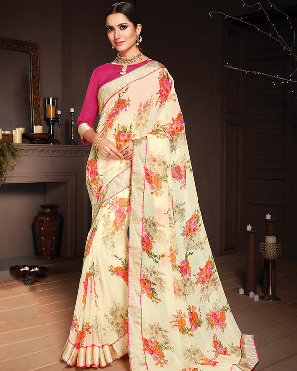 Vishal Prints Cream And Pink Georgette Saree With Satin Border