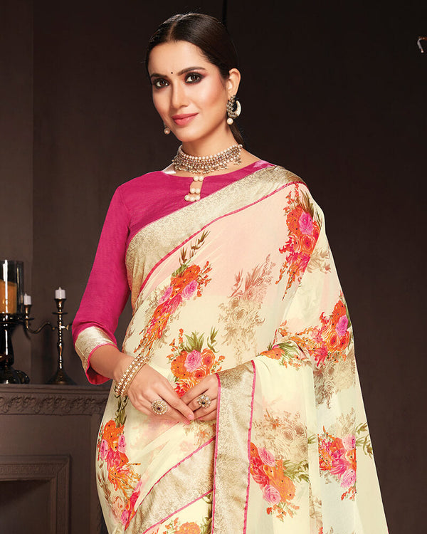 Vishal Prints Cream And Pink Georgette Saree With Satin Border