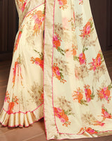 Vishal Prints Cream And Pink Georgette Saree With Satin Border