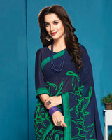 Vishal Prints Navy Blue And Green Georgette Saree With Satin Border