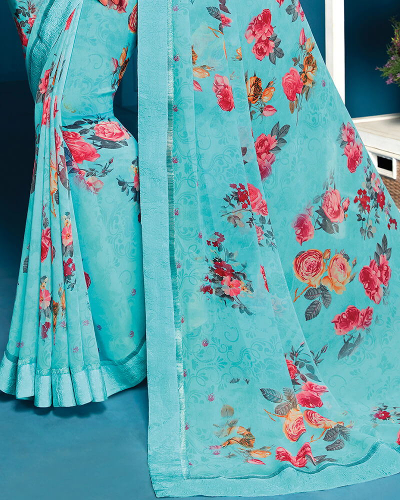 Vishal Prints Sky Blue Georgette Saree With Satin Border