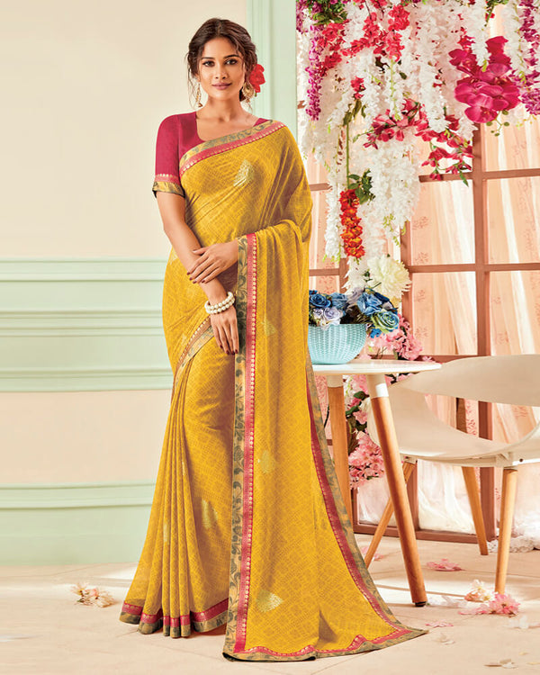 Vishal Prints Light Mustard Printed Georgette Saree With Foil Print And Jari Border