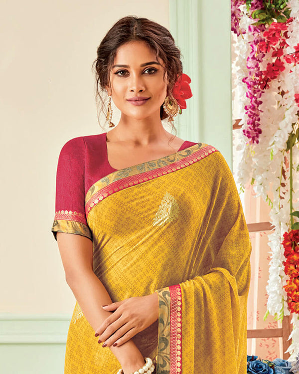 Vishal Prints Light Mustard Printed Georgette Saree With Foil Print And Jari Border