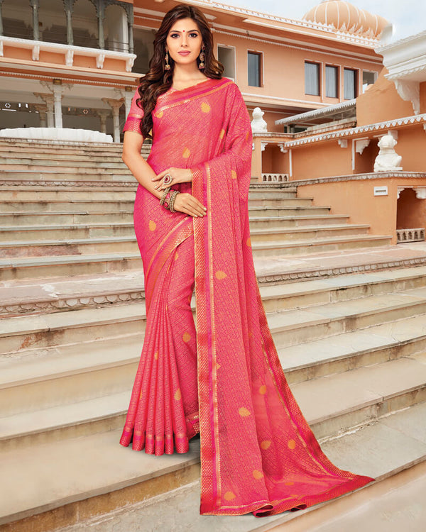 Vishal Prints Coral Pink Brasso Saree With Foil Print And Jari Border