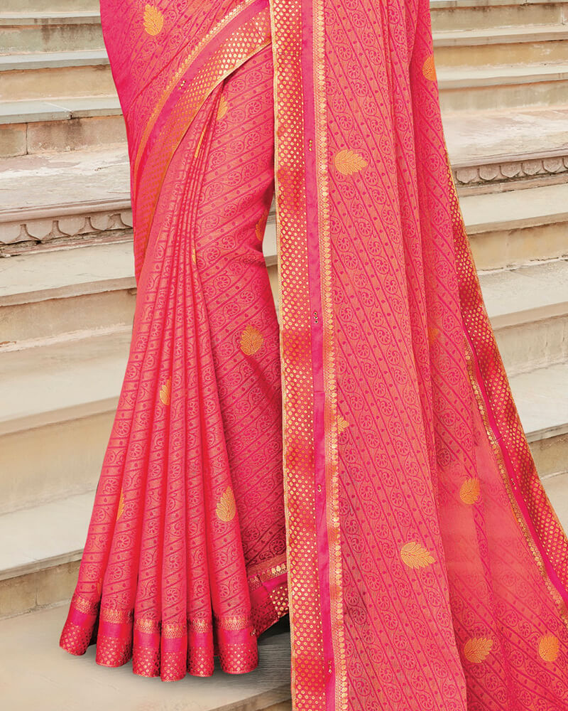 Vishal Prints Coral Pink Brasso Saree With Foil Print And Jari Border