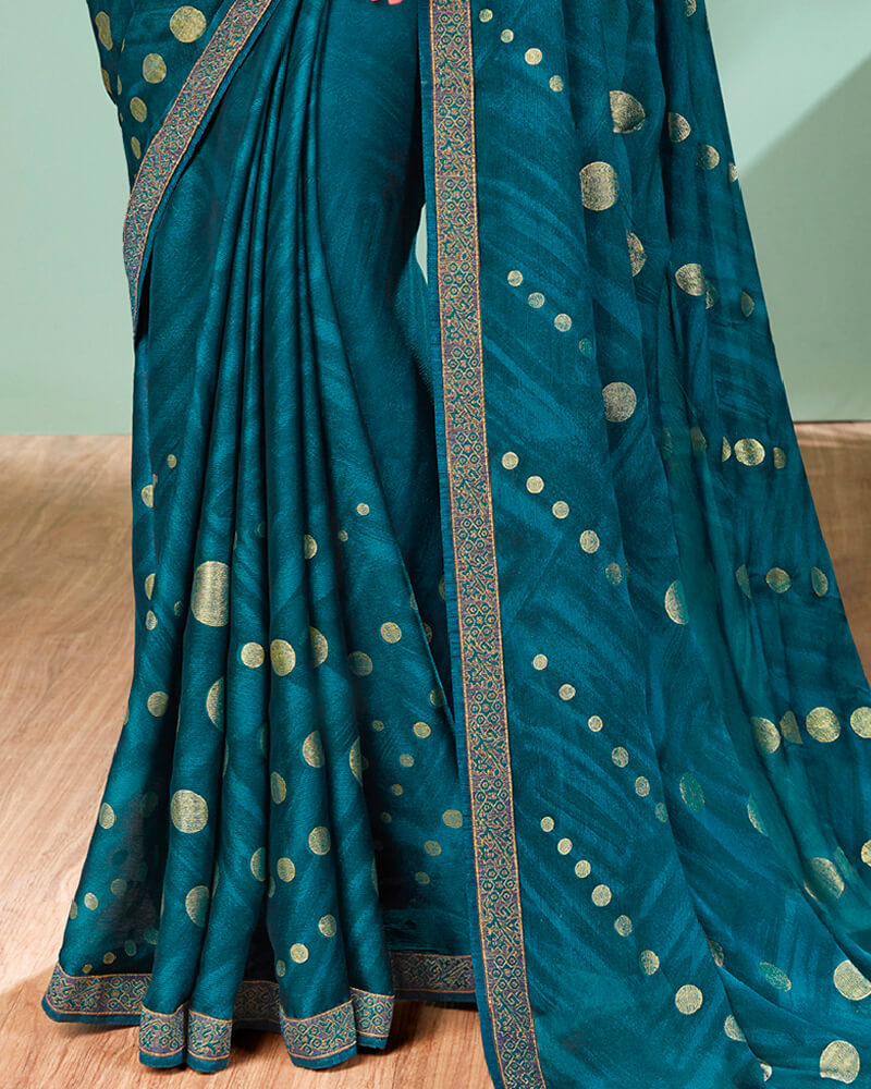 Vishal Prints Dark Teal Blue Chiffon Saree With Foil Print And Jari Border