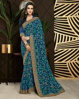 Vishal Prints Ink Blue Brasso Saree With Foil Print And Jari Border