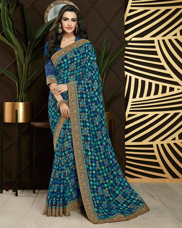 Vishal Prints Ink Blue Brasso Saree With Foil Print And Jari Border