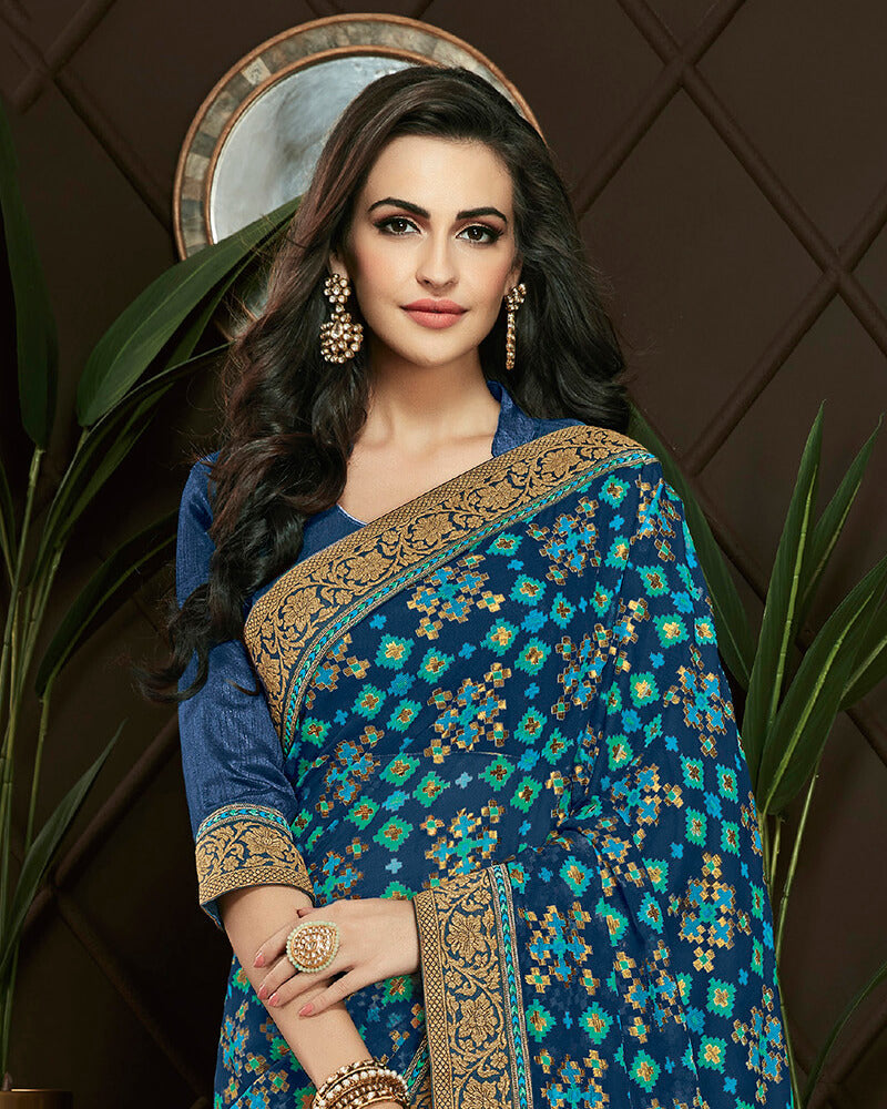 Vishal Prints Ink Blue Brasso Saree With Foil Print And Jari Border