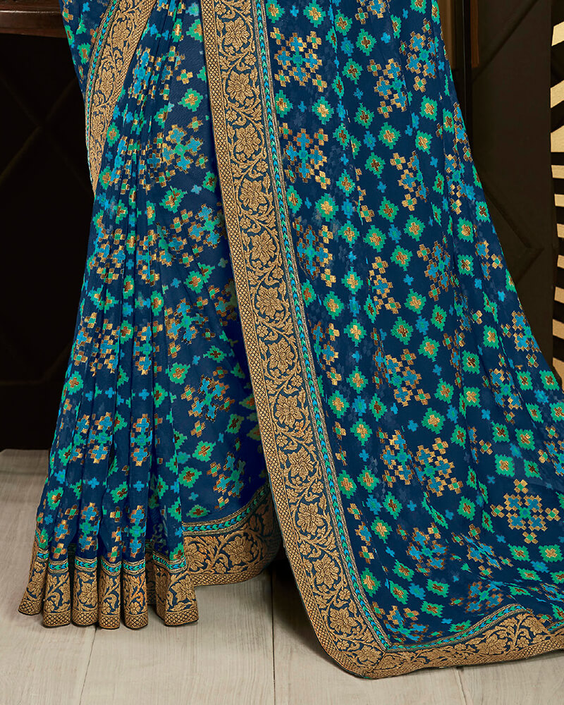 Vishal Prints Ink Blue Brasso Saree With Foil Print And Jari Border