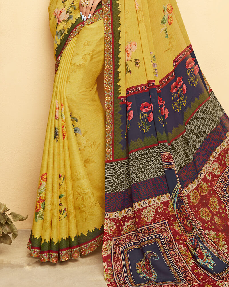 Vishal Prints Mustard Digital Print Crepe Saree