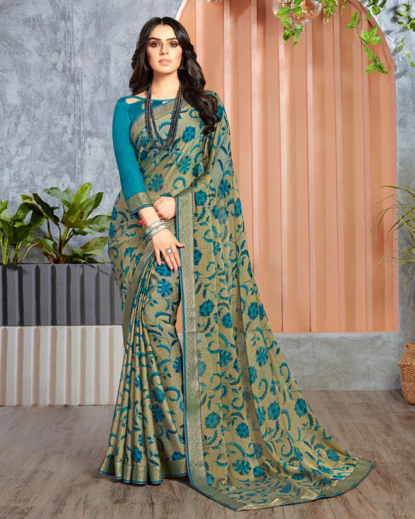 Vishal Prints Olive Green Chiffon Saree With Jari Border