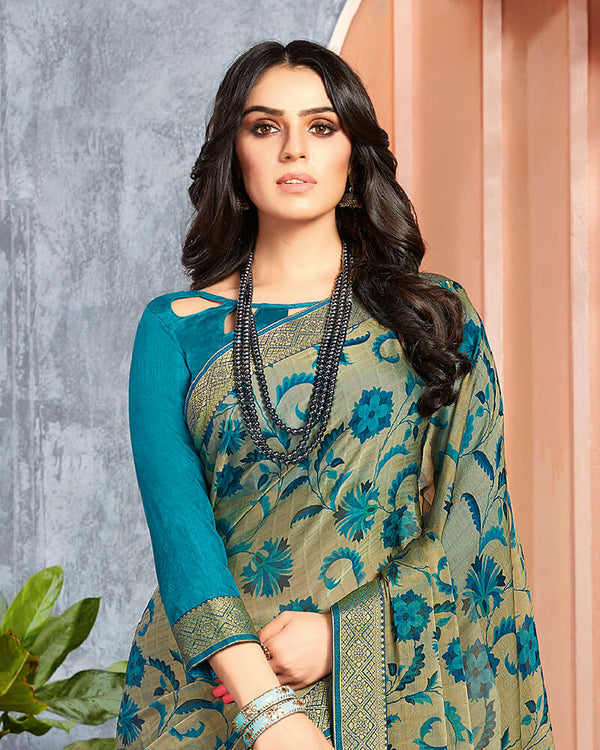 Vishal Prints Olive Green Chiffon Saree With Jari Border