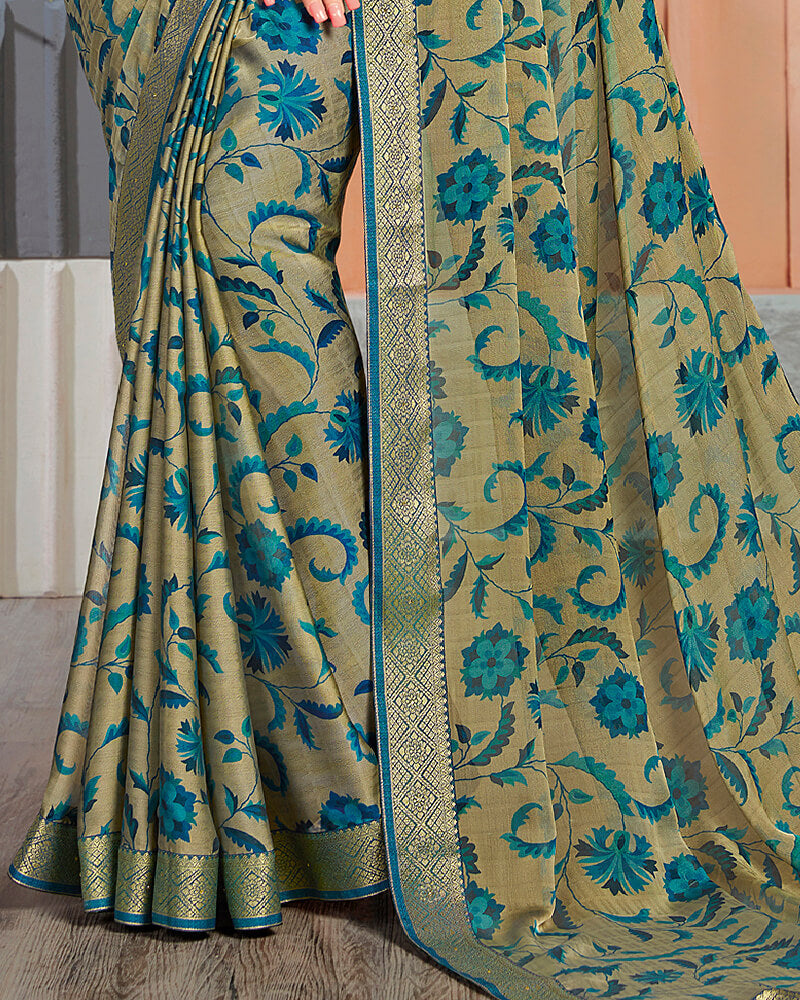 Vishal Prints Olive Green Chiffon Saree With Jari Border