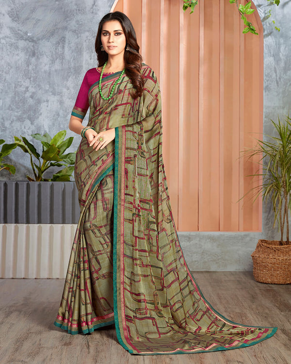 Vishal Prints Pastel Olive Chiffon Saree With Jari Border