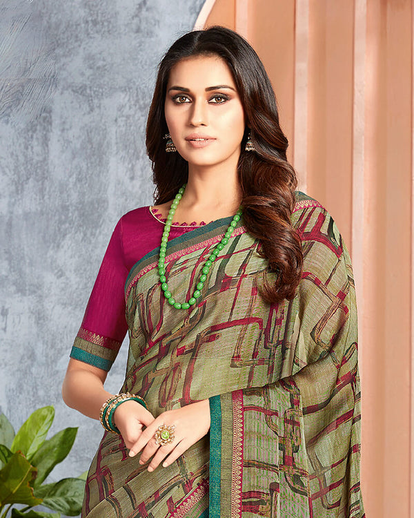 Vishal Prints Pastel Olive Chiffon Saree With Jari Border