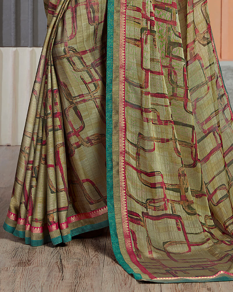 Vishal Prints Pastel Olive Chiffon Saree With Jari Border