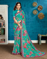 Vishal Prints Rama Green And Rani Brasso Saree With Printed Satin Border