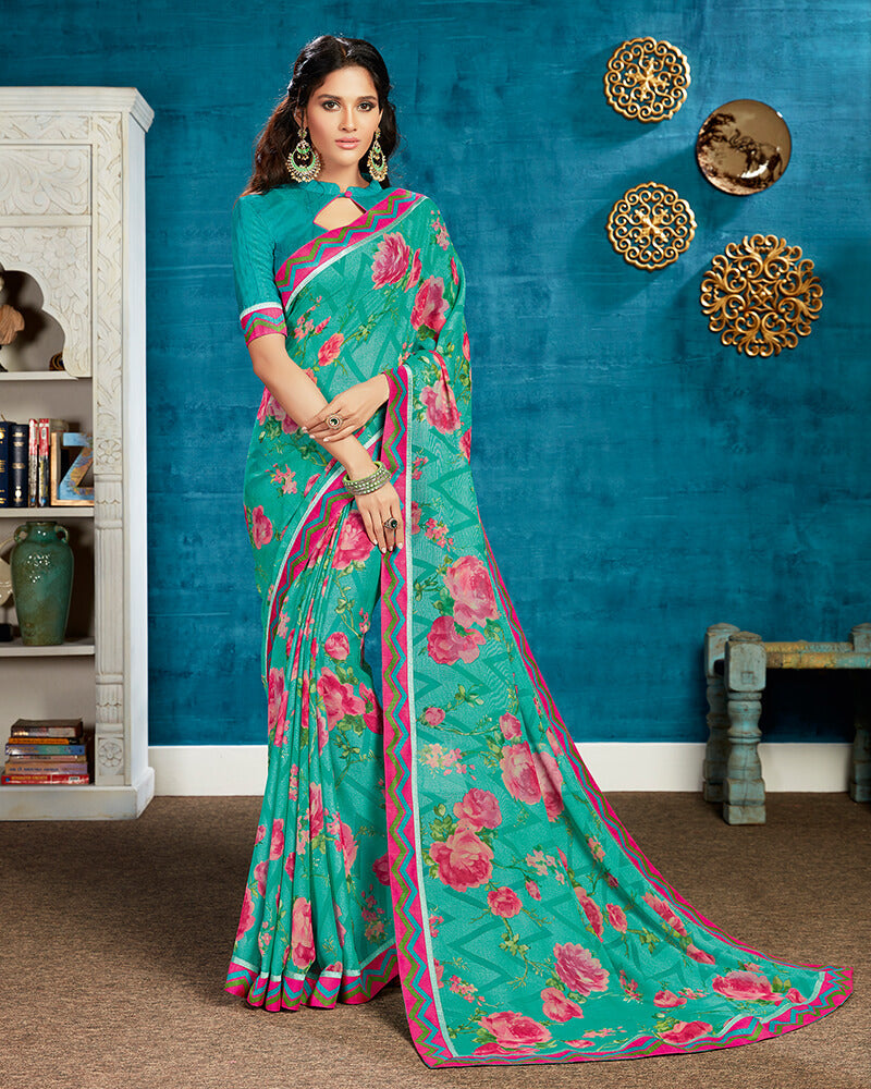 Vishal Prints Rama Green And Rani Brasso Saree With Printed Satin Border